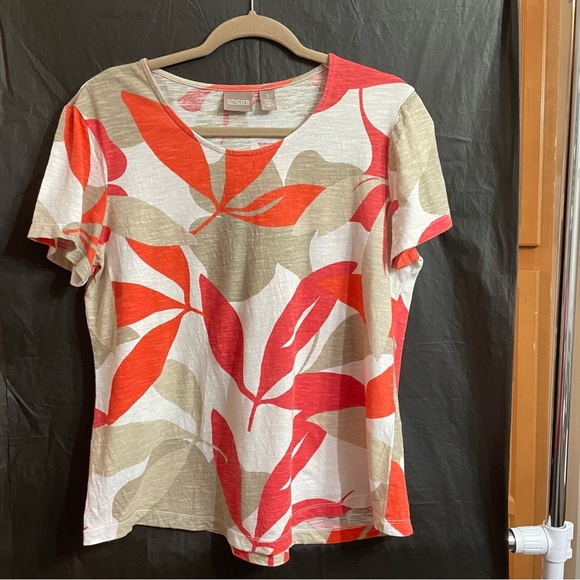 Chico's 1 Vibrant Orange and Tan Leaf Print Tee Crew Neck Autumn Fall - Picture 1 of 4